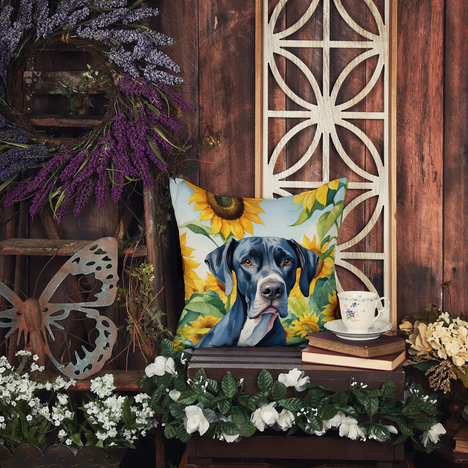 Great Dane in Sunflowers Decorative Throw Pillow 18x18 Indoor Outdoor Accent Cushion, Fabric Cover with Insert for Sofa, Bed, Porch & Living Room