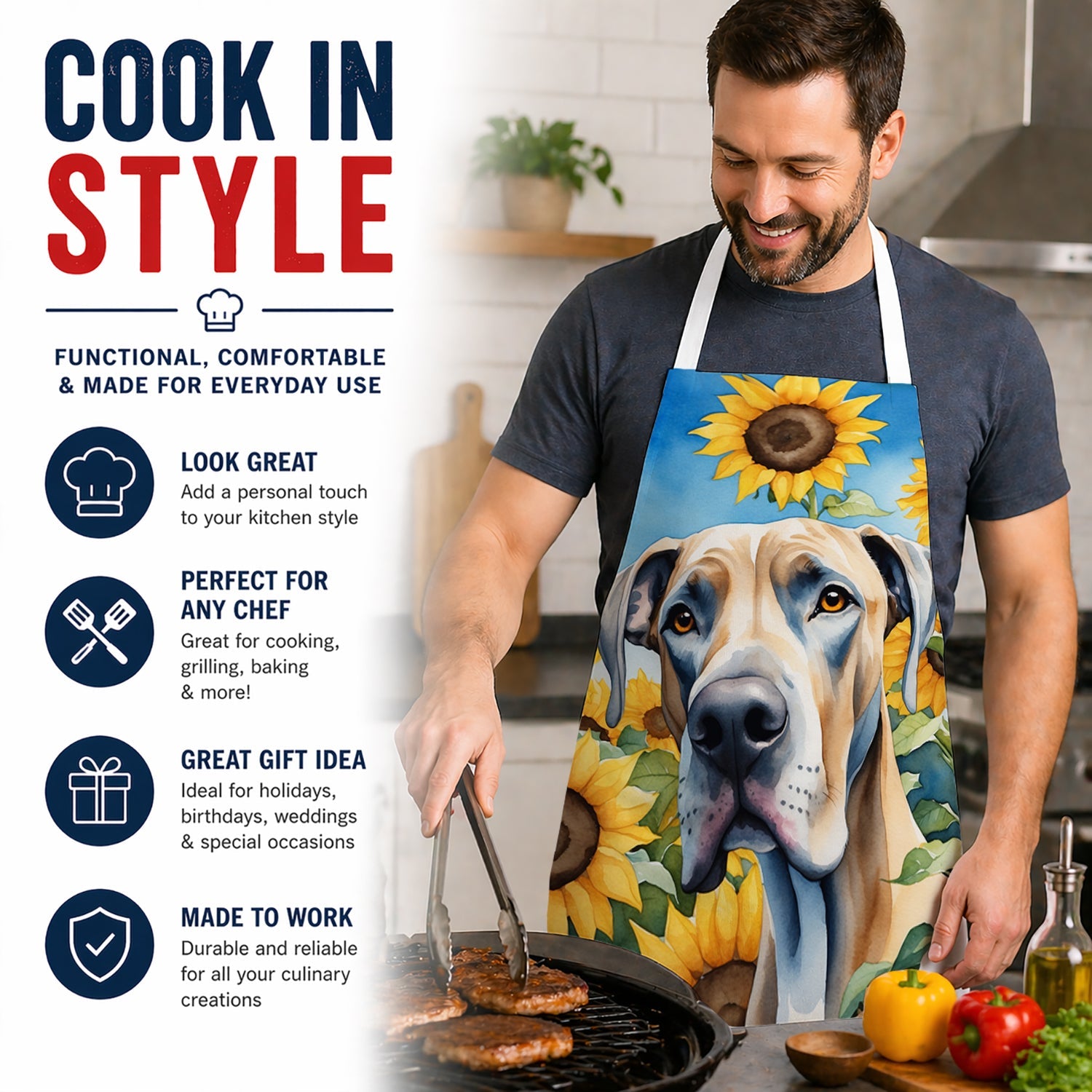 Great Dane in Sunflowers Apron Cooking Kitchen Server Baking Crafts Gardening for Adult Women Men, Unisex, Large, Multicolor
