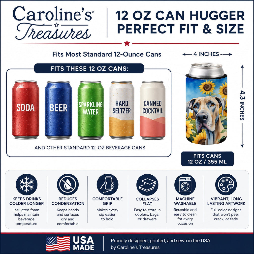 Great Dane in Sunflowers Can or Bottle Hugger Cooler Sleeve for Standard 12 oz Cans, Insulated Foam Beer & Soda Can Hugger Reusable