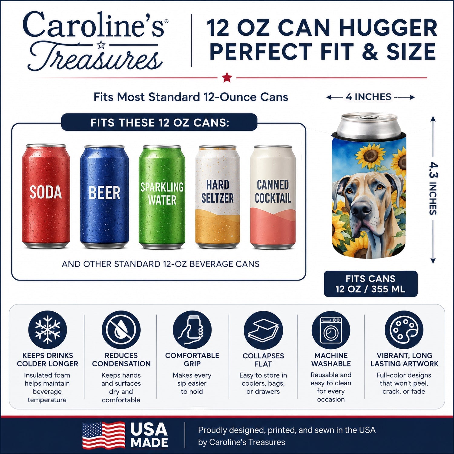Great Dane in Sunflowers Can or Bottle Hugger Cooler Sleeve for Standard 12 oz Cans, Insulated Foam Beer & Soda Can Hugger Reusable