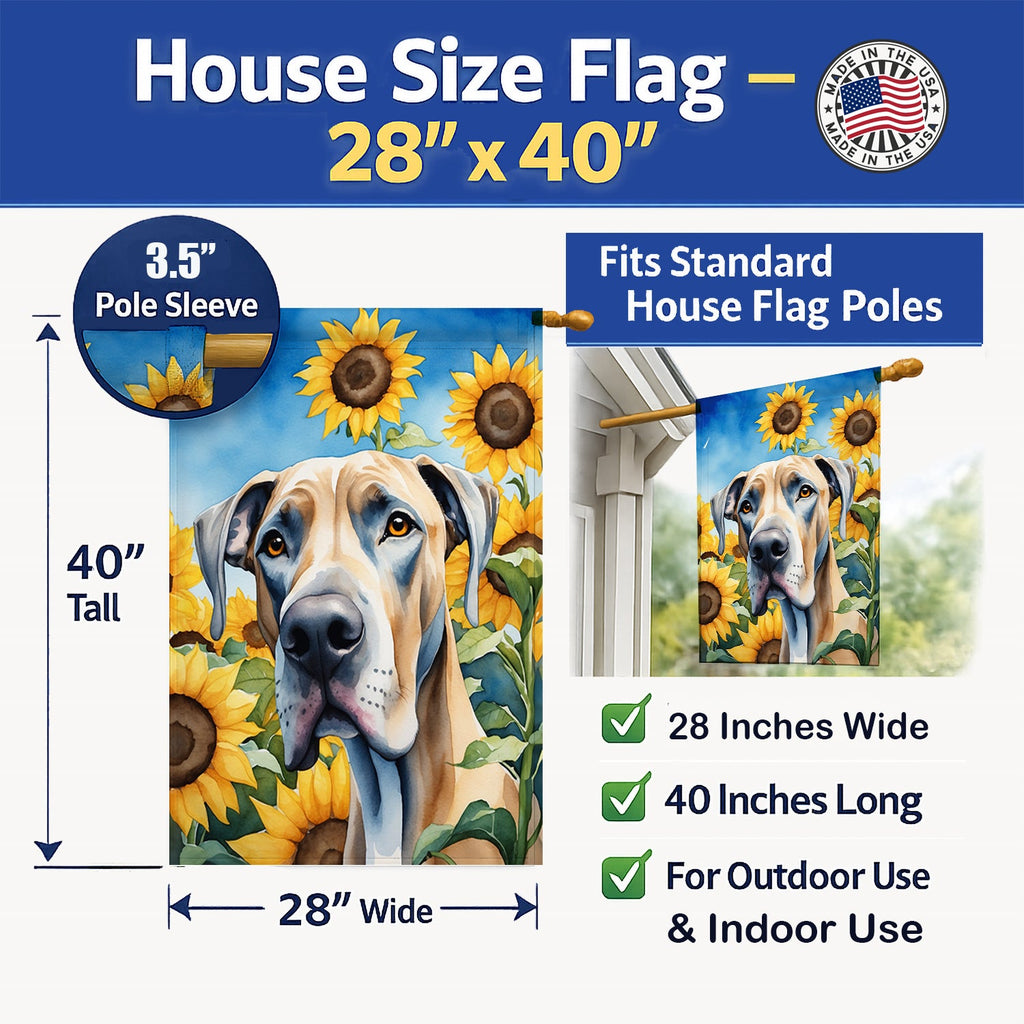 Great Dane in Sunflowers House Flag 28x40 Porch Sleeve Pole Decorative Outside Yard Banner Artwork Wall Hanging, Polyester