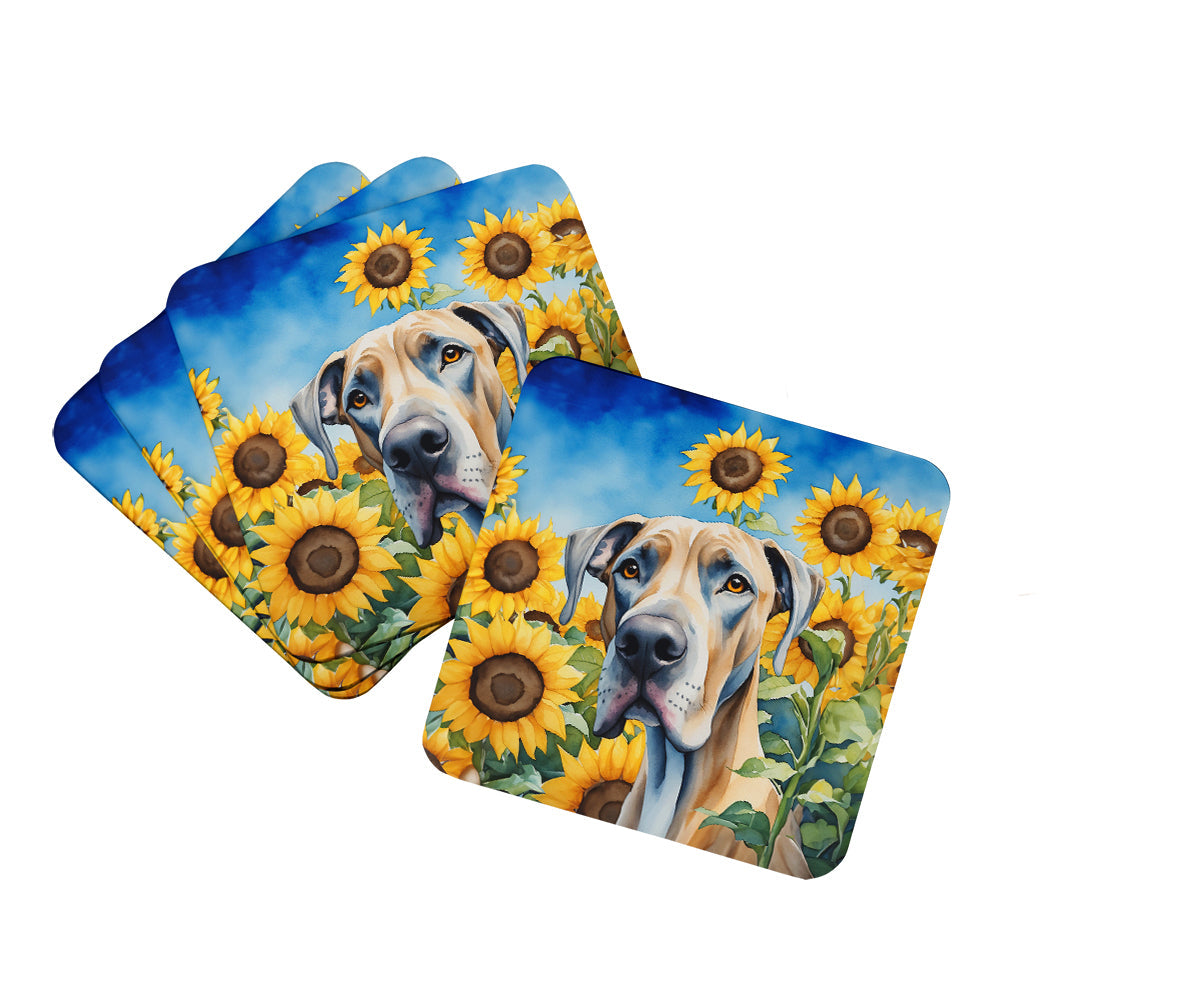 Great Dane in Sunflowers Foam Coasters Set of 4 Cup Coasters for Indoor Outdoor, Tabletop Protection, Anti Slip, Mouse pad Material