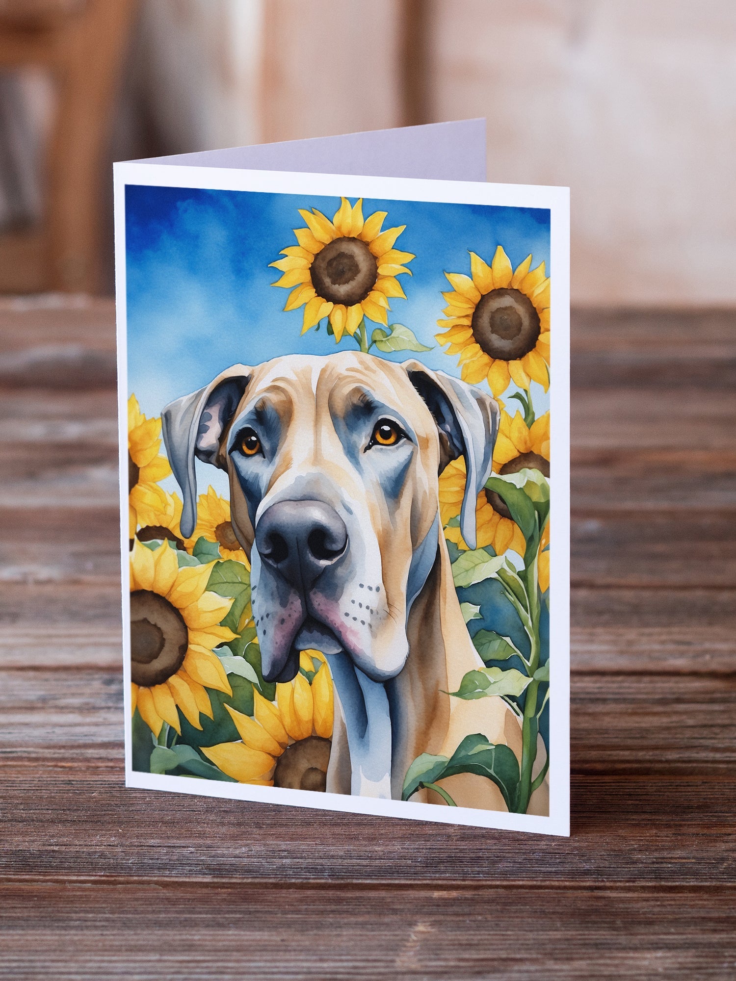 Great Dane in Sunflowers Greeting Cards Pack of 8 Blank Cards with Envelopes Whimsical A7 Size 5x7