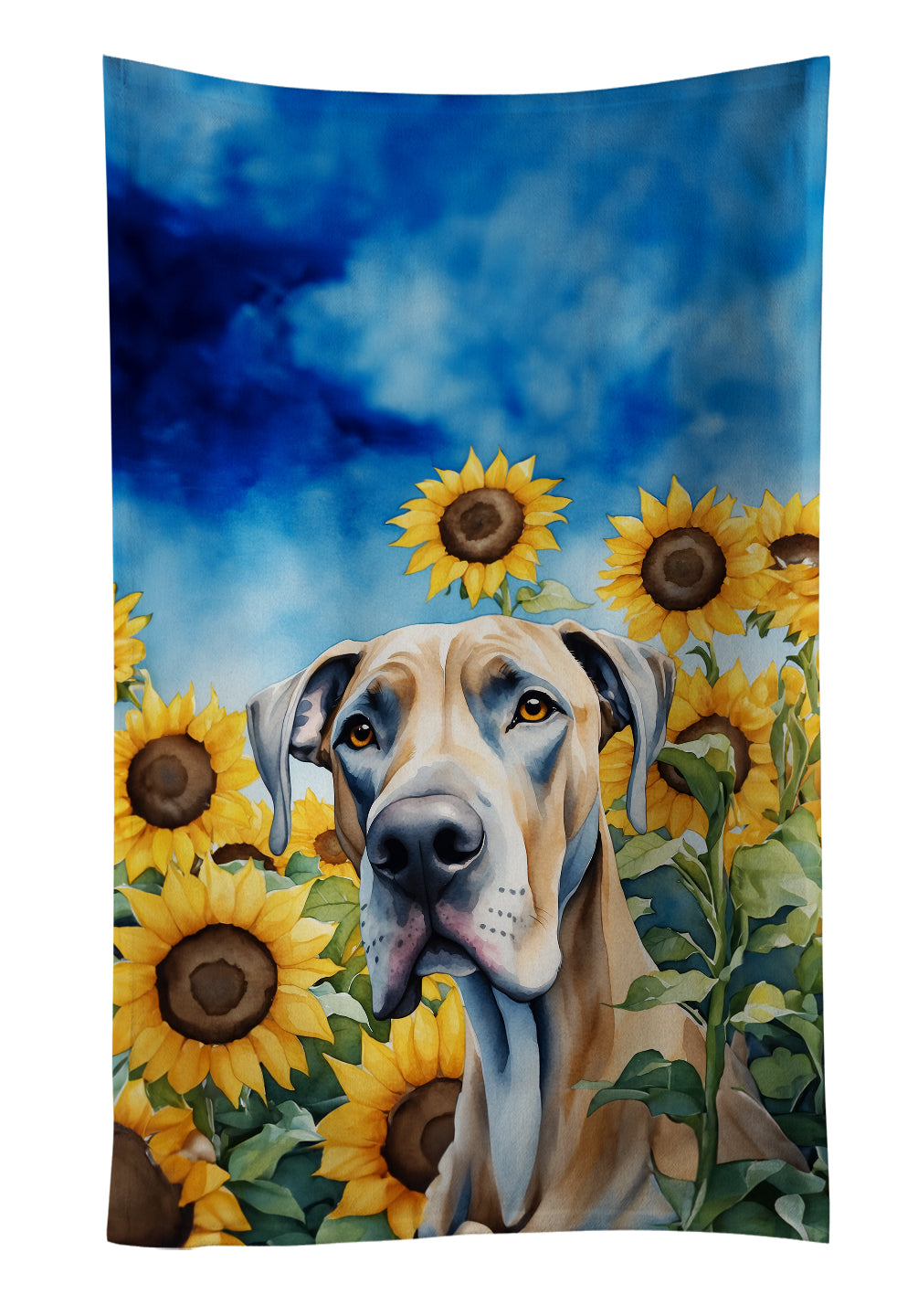 Great Dane in Sunflowers Kitchen Towel Velour Plush Front and Cotton Loop Back Machine Washable