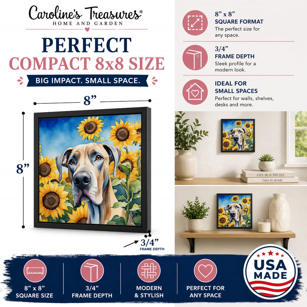 Great Dane in Sunflowers Framed Metal Print Bathroom, Kitchen, Office, Home Decor Wall Art Ready to Hang, Square, 8X8