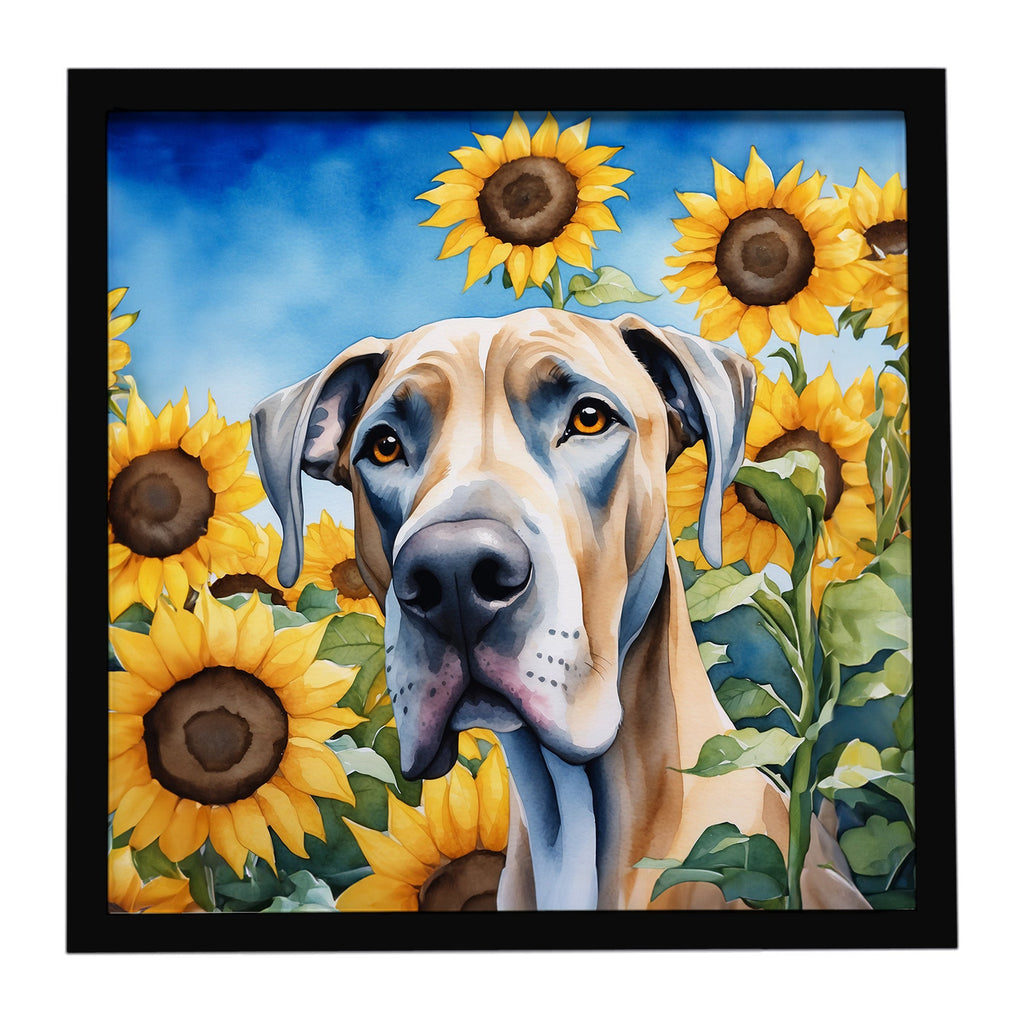 Great Dane in Sunflowers Framed Metal Print Bathroom, Kitchen, Office, Home Decor Wall Art Ready to Hang, Square, 8X8