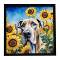 Great Dane in Sunflowers Framed Metal Print Bathroom, Kitchen, Office, Home Decor Wall Art Ready to Hang, Square, 8X8