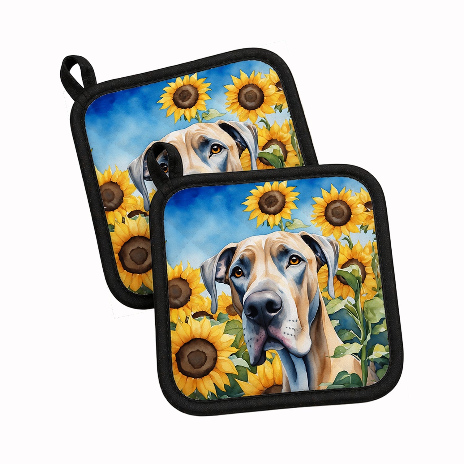 Great Dane in Sunflowers Pot Holder Set of 2 Heat Resistant Quilted Hot Pads 7.5 x 7.5 Inch, Insulated Kitchen Trivets for Cooking & Baking