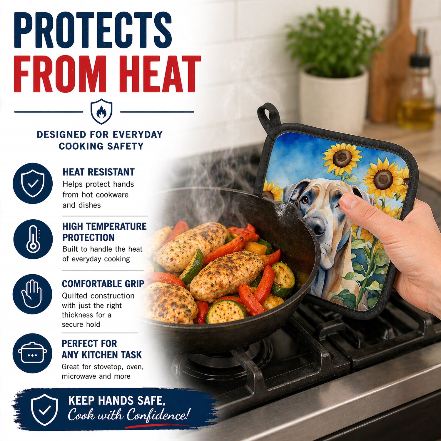 Great Dane in Sunflowers Pot Holder Set of 2 Heat Resistant Quilted Hot Pads 7.5 x 7.5 Inch, Insulated Kitchen Trivets for Cooking & Baking