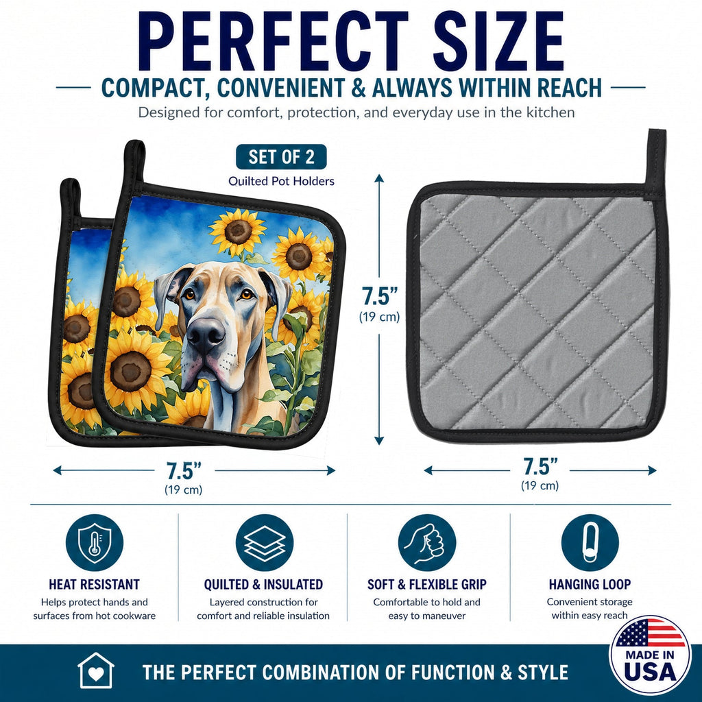 Great Dane in Sunflowers Pot Holder Set of 2 Heat Resistant Quilted Hot Pads 7.5 x 7.5 Inch, Insulated Kitchen Trivets for Cooking & Baking