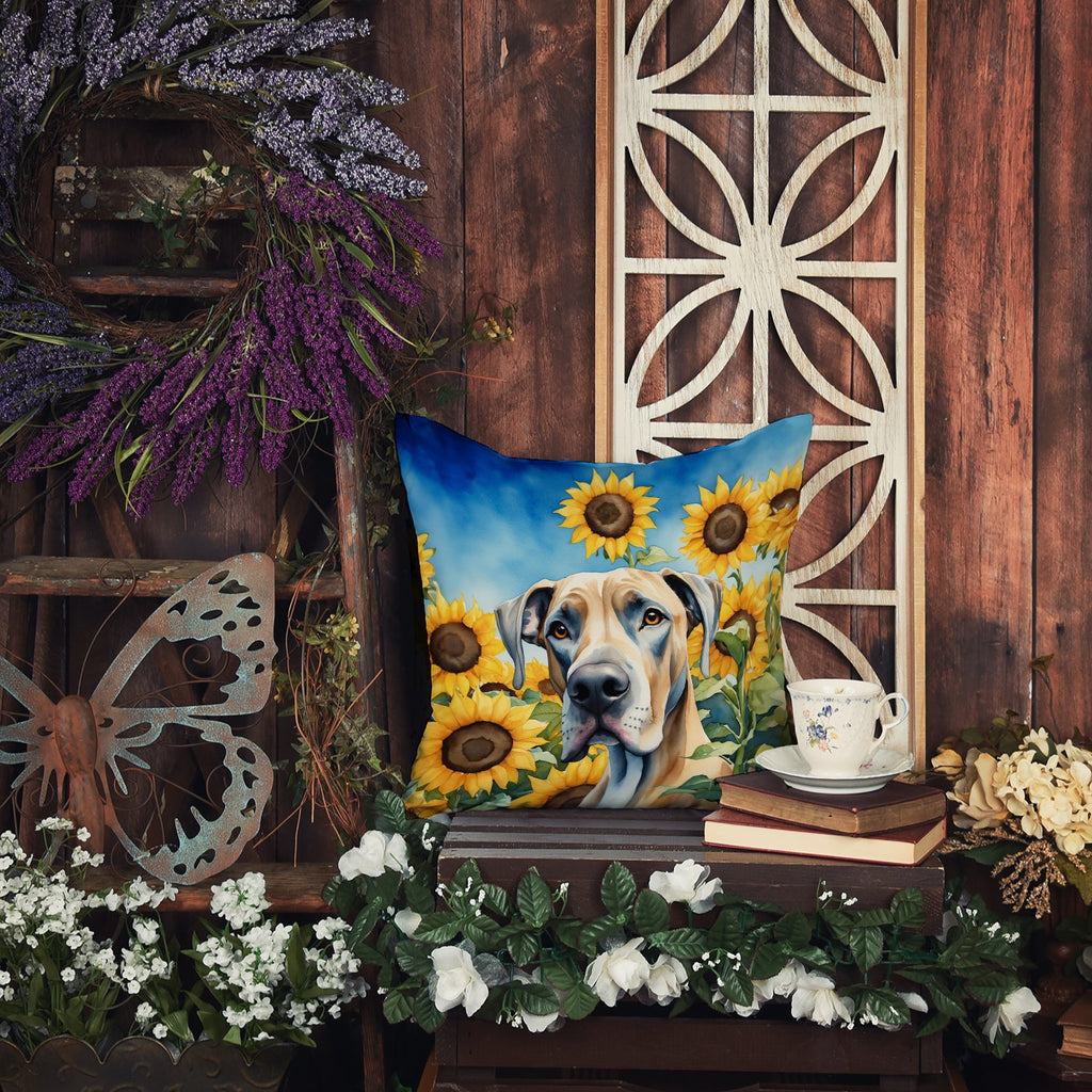 Great Dane in Sunflowers Decorative Throw Pillow 14x14 Indoor Outdoor Accent Cushion, Fabric Cover with Insert for Sofa, Bed, Porch & Living Room