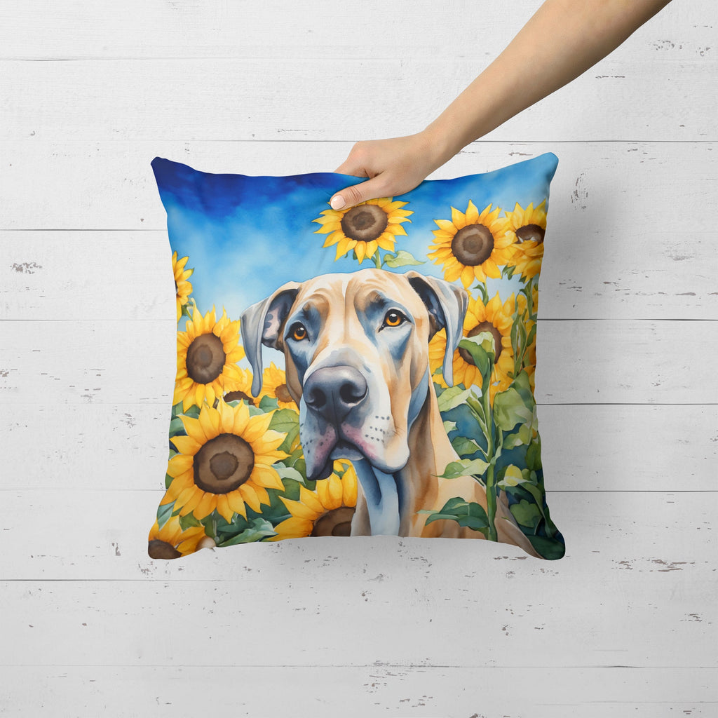 Great Dane in Sunflowers Decorative Throw Pillow 18x18 Indoor Outdoor Accent Cushion, Fabric Cover with Insert for Sofa, Bed, Porch & Living Room