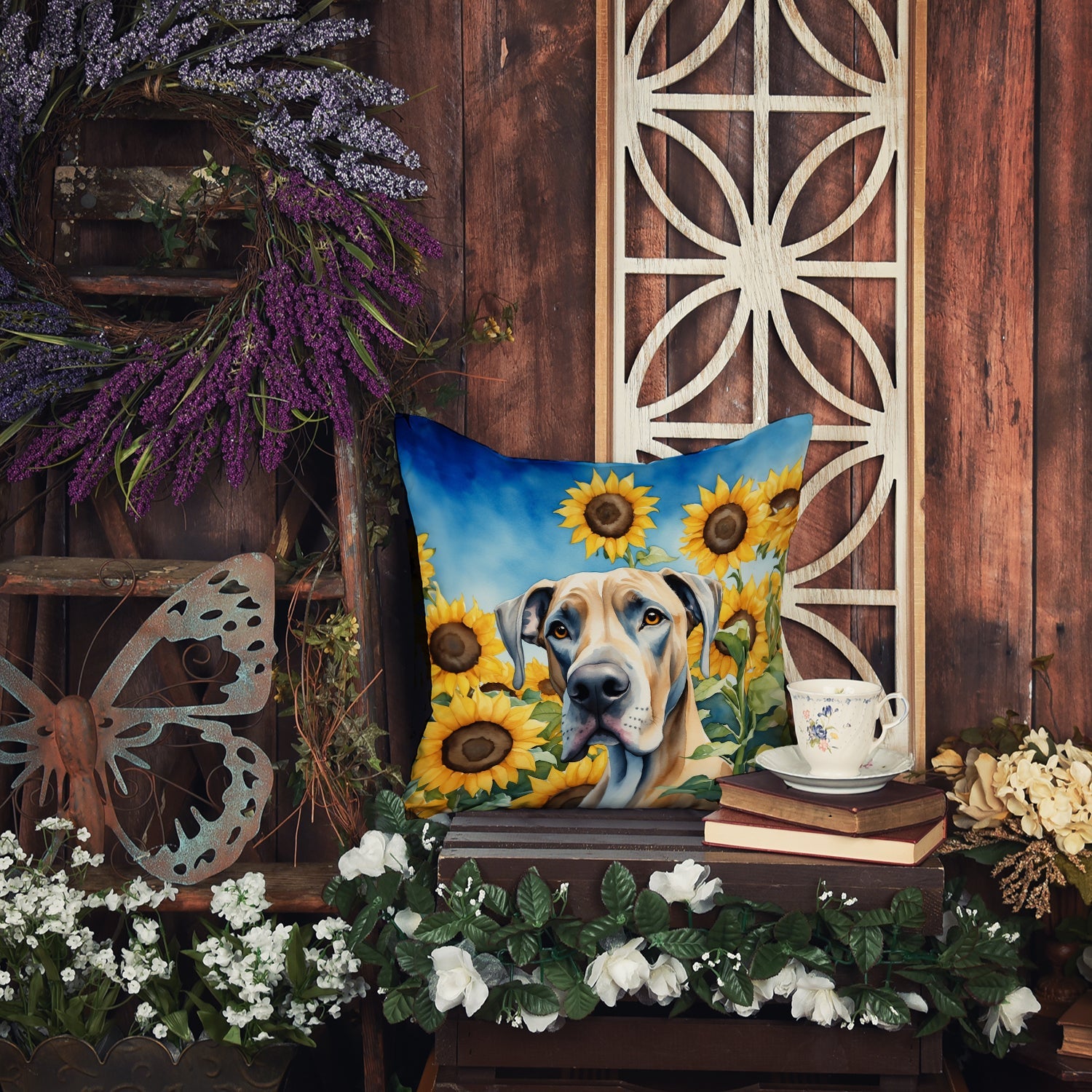 Great Dane in Sunflowers Decorative Throw Pillow 18x18 Indoor Outdoor Accent Cushion, Fabric Cover with Insert for Sofa, Bed, Porch & Living Room