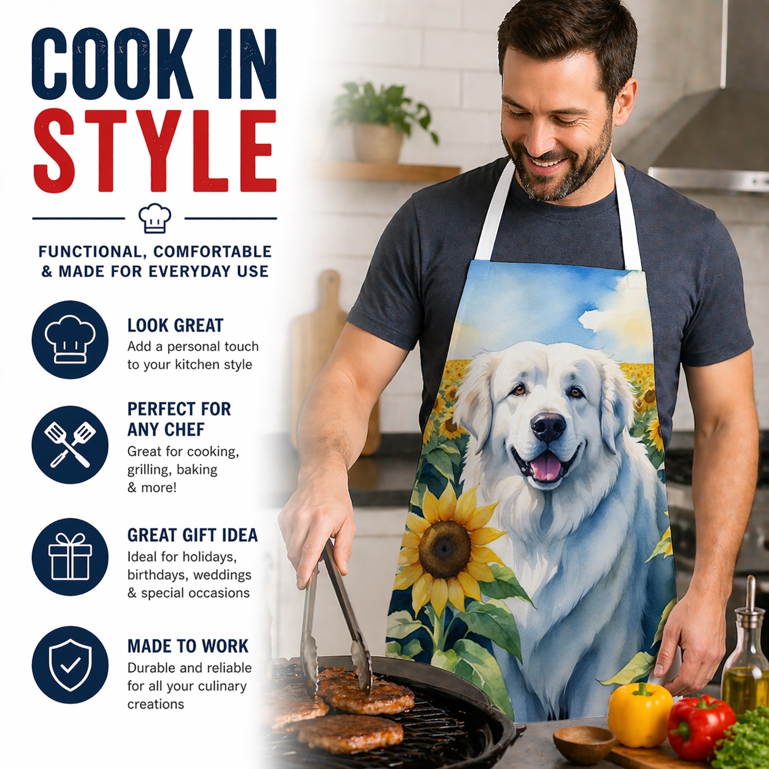 Great Pyrenees in Sunflowers Apron Cooking Kitchen Server Baking Crafts Gardening for Adult Women Men, Unisex, Large, Multicolor
