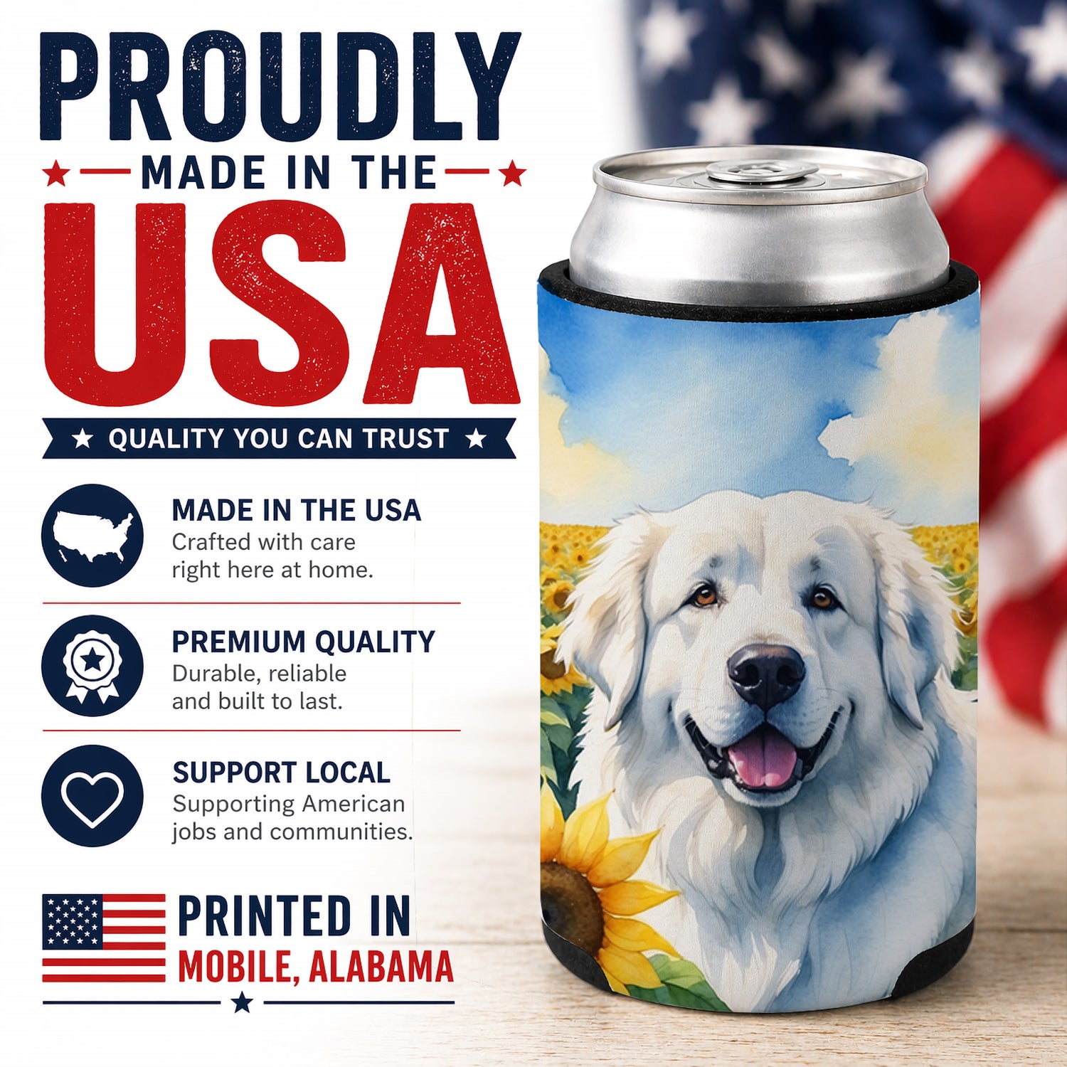 Great Pyrenees in Sunflowers Can or Bottle Hugger Cooler Sleeve for Standard 12 oz Cans, Insulated Foam Beer & Soda Can Hugger Reusable