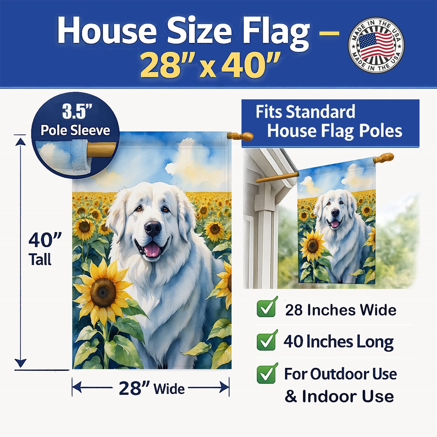 Great Pyrenees in Sunflowers House Flag 28x40 Porch Sleeve Pole Decorative Outside Yard Banner Artwork Wall Hanging, Polyester