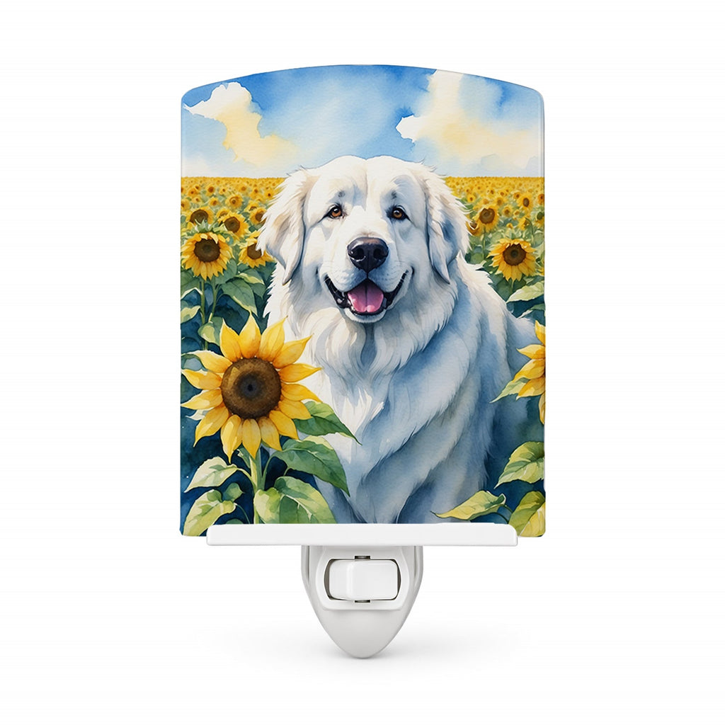 Great Pyrenees in Sunflowers Ceramic Night Light Compact, UL-Certified, Ideal for Bedroom, Bathroom, Nursery, Hallway, Kitchen, 6x4x3, Multicolor