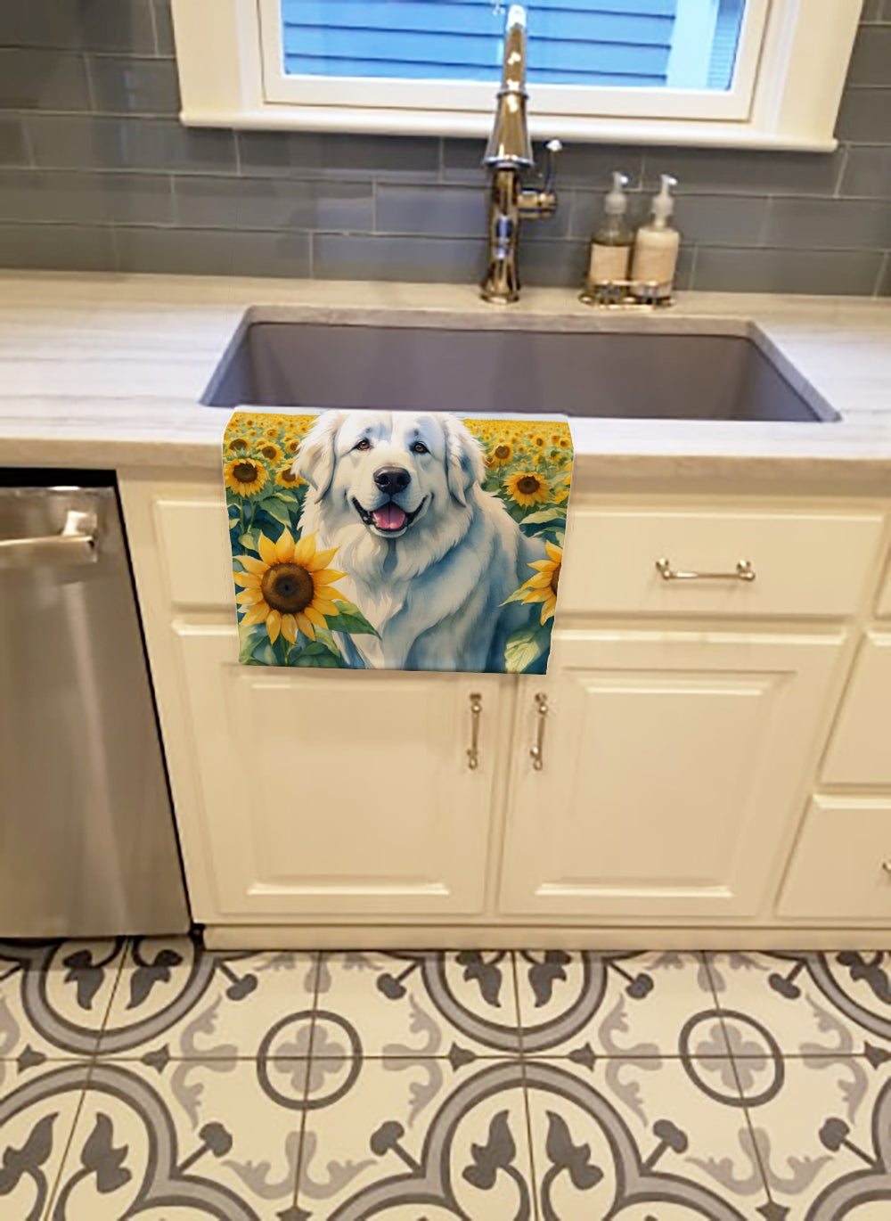 Great Pyrenees in Sunflowers Kitchen Towel Velour Plush Front and Cotton Loop Back Machine Washable