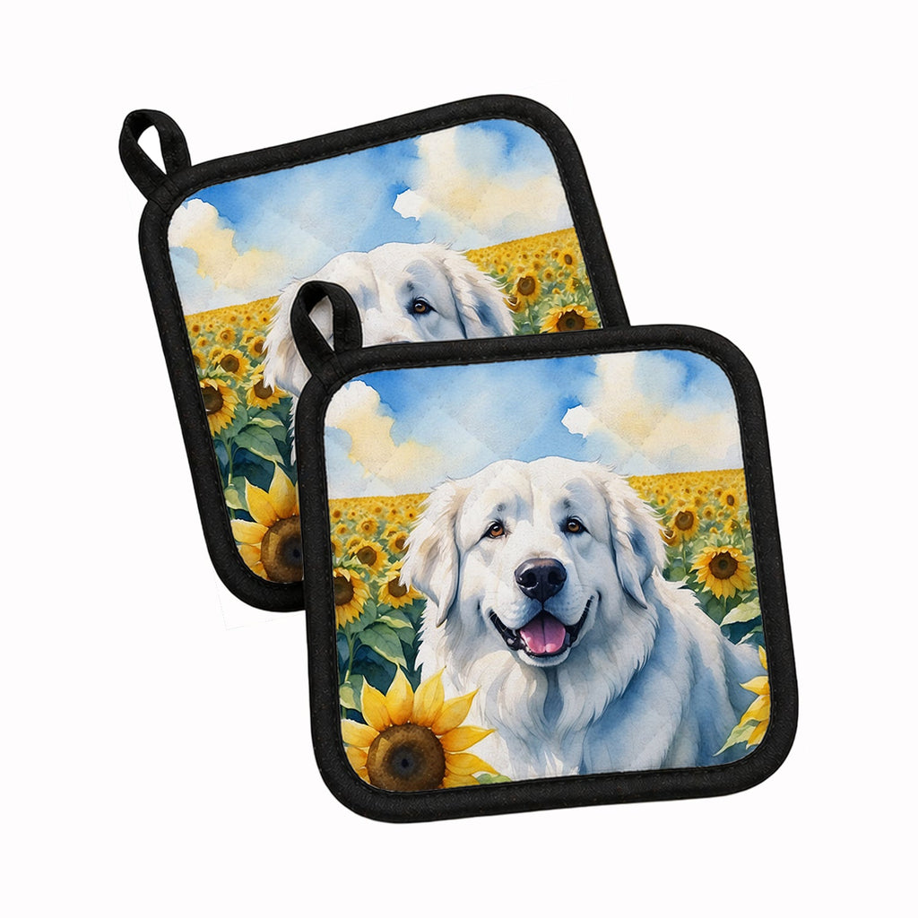 Great Pyrenees in Sunflowers Pot Holder Set of 2 Heat Resistant Quilted Hot Pads 7.5 x 7.5 Inch, Insulated Kitchen Trivets for Cooking & Baking
