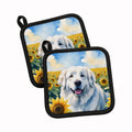 Great Pyrenees in Sunflowers Pot Holder Set of 2 Heat Resistant Quilted Hot Pads 7.5 x 7.5 Inch, Insulated Kitchen Trivets for Cooking & Baking