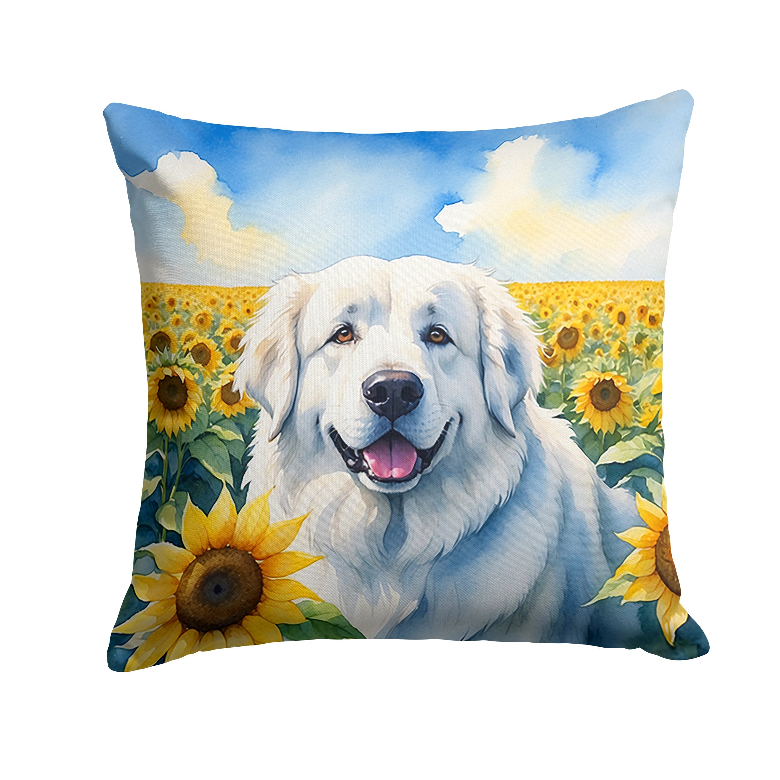 Great Pyrenees in Sunflowers Decorative Throw Pillow 14x14 Indoor Outdoor Accent Cushion, Fabric Cover with Insert for Sofa, Bed, Porch & Living Room
