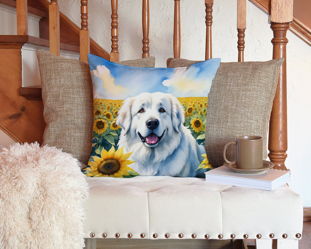 Great Pyrenees in Sunflowers Decorative Throw Pillow 14x14 Indoor Outdoor Accent Cushion, Fabric Cover with Insert for Sofa, Bed, Porch & Living Room