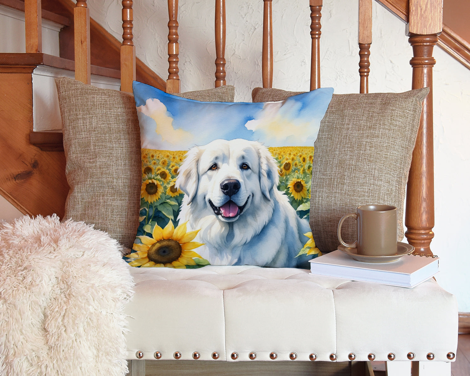 Great Pyrenees in Sunflowers Decorative Throw Pillow 14x14 Indoor Outdoor Accent Cushion, Fabric Cover with Insert for Sofa, Bed, Porch & Living Room