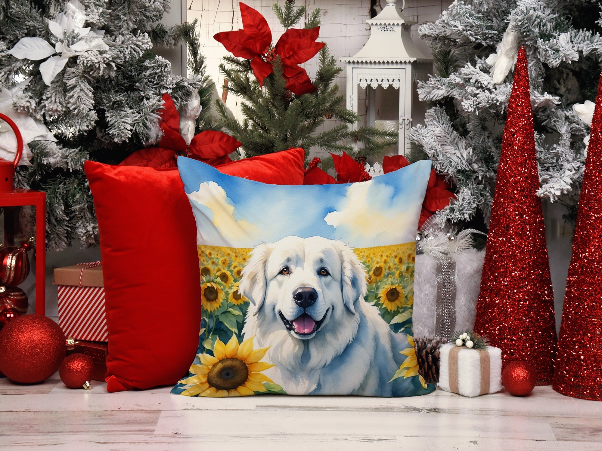 Great Pyrenees in Sunflowers Decorative Throw Pillow 14x14 Indoor Outdoor Accent Cushion, Fabric Cover with Insert for Sofa, Bed, Porch & Living Room