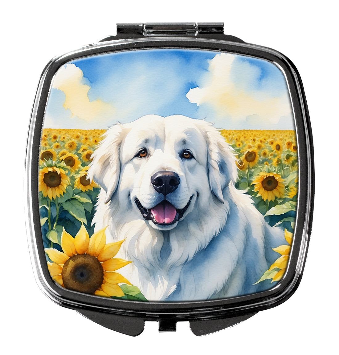 Great Pyrenees in Sunflowers Compact Mirror Decorative Travel Makeup Mirror for Women Girls Gifts Pocket Makeup Mirror Folding Handheld
