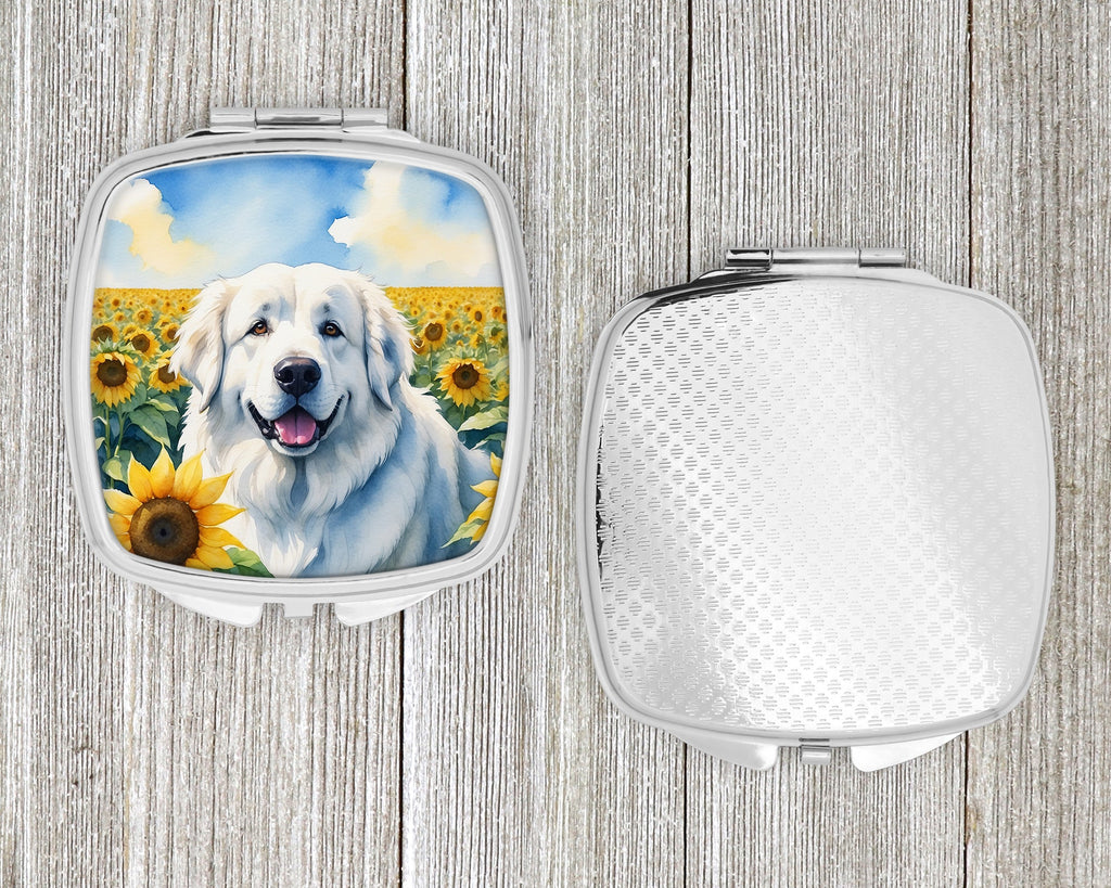 Great Pyrenees in Sunflowers Compact Mirror Decorative Travel Makeup Mirror for Women Girls Gifts Pocket Makeup Mirror Folding Handheld
