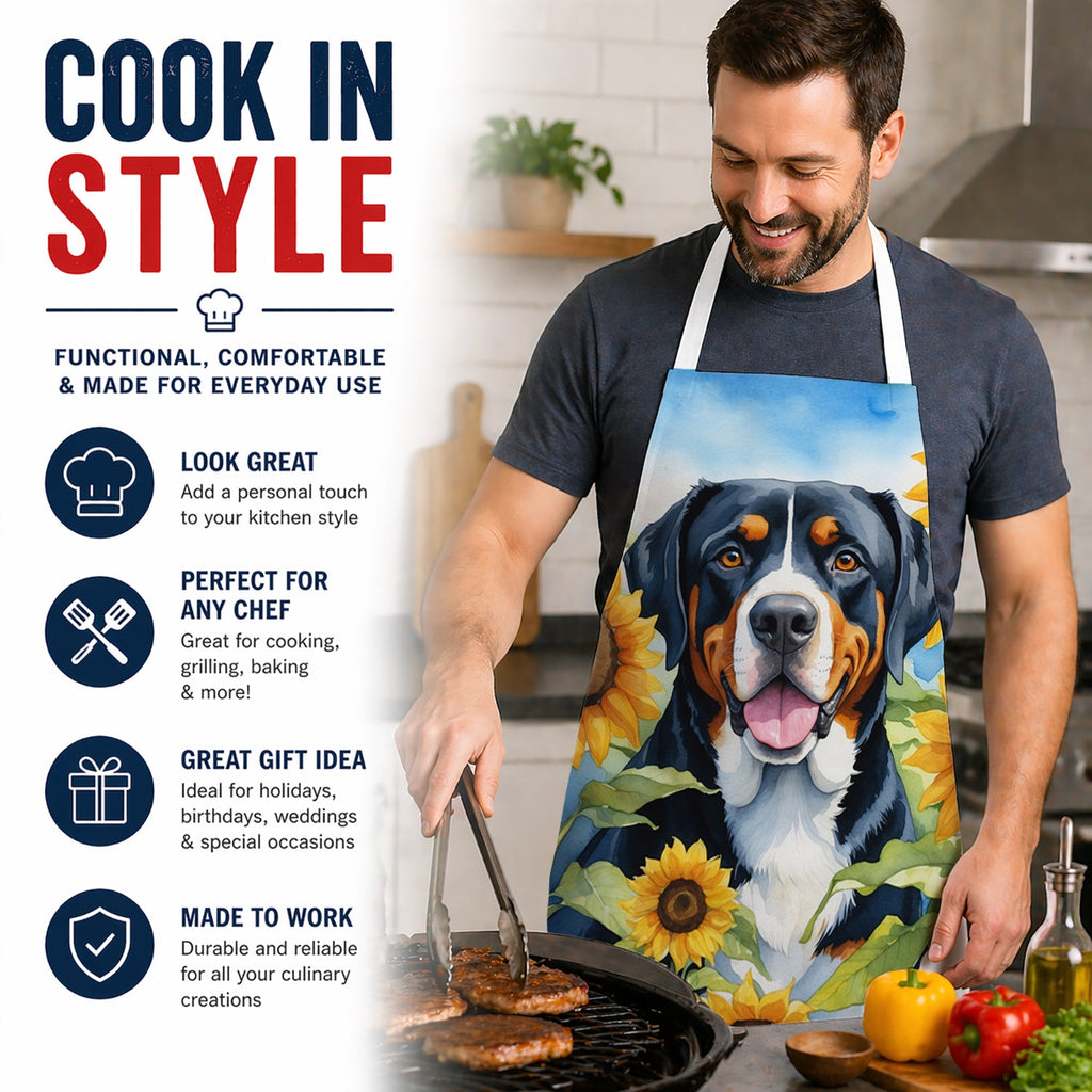 Greater Swiss Mountain Dog in Sunflowers Apron Cooking Kitchen Server Baking Crafts Gardening for Adult Women Men, Unisex, Large, Multicolor