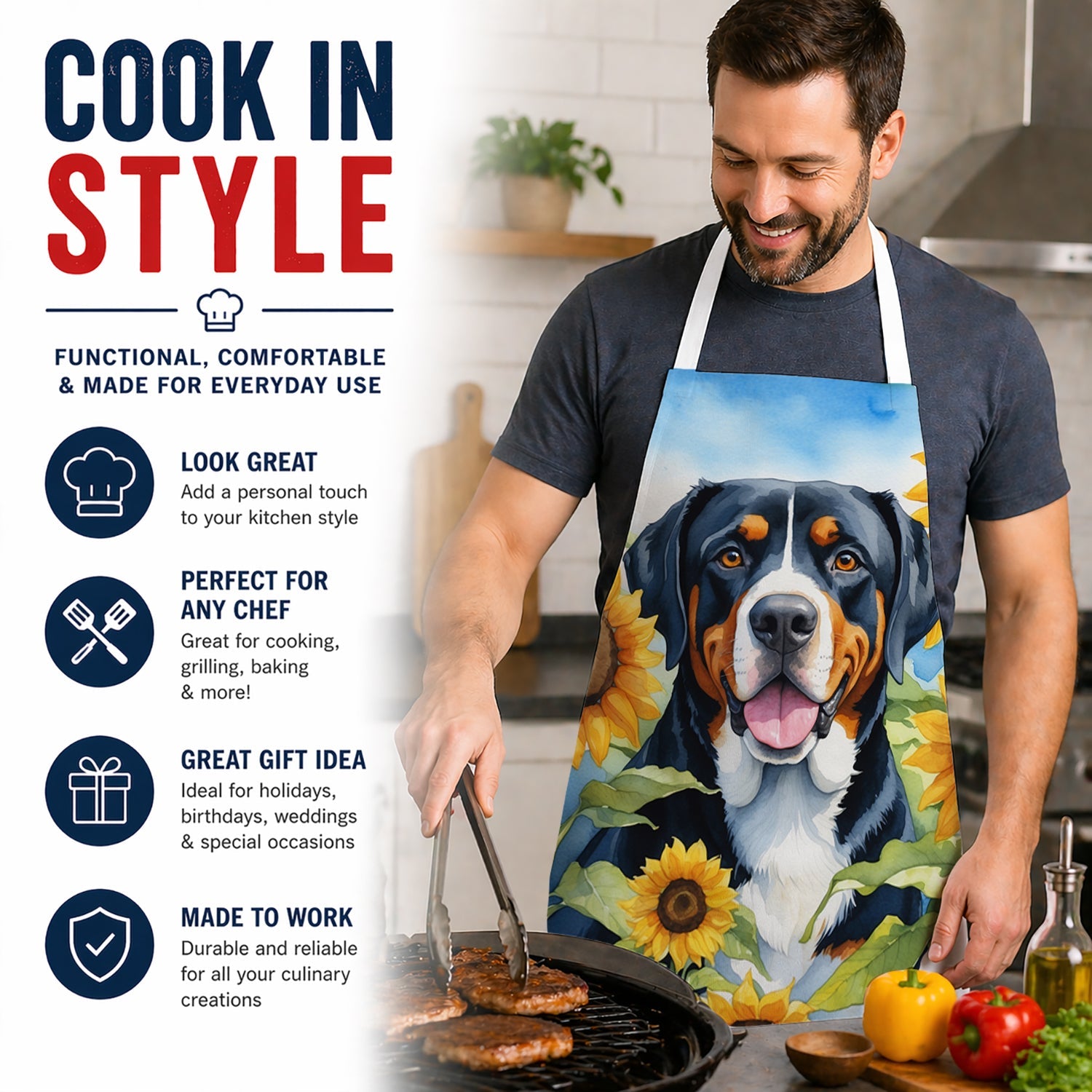 Greater Swiss Mountain Dog in Sunflowers Apron Cooking Kitchen Server Baking Crafts Gardening for Adult Women Men, Unisex, Large, Multicolor