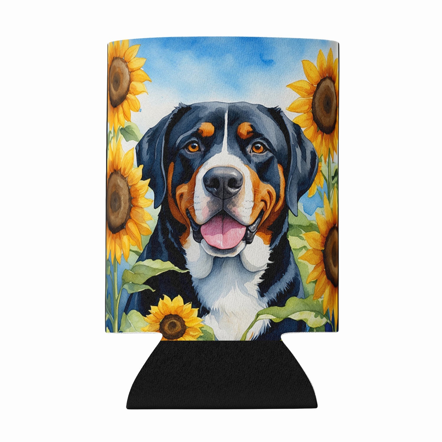 Greater Swiss Mountain Dog in Sunflowers Can or Bottle Hugger Cooler Sleeve for Standard 12 oz Cans, Insulated Foam Beer & Soda Can Hugger Reusable