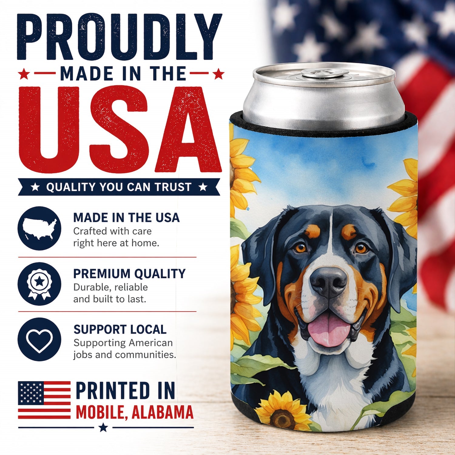 Greater Swiss Mountain Dog in Sunflowers Can or Bottle Hugger Cooler Sleeve for Standard 12 oz Cans, Insulated Foam Beer & Soda Can Hugger Reusable