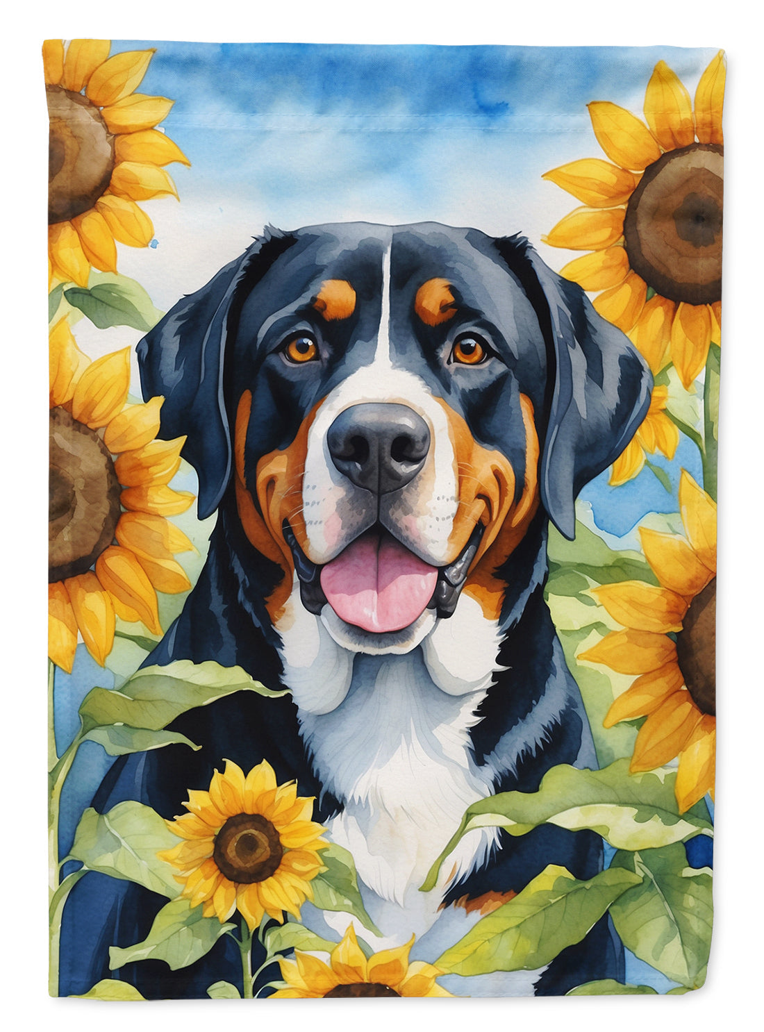 Greater Swiss Mountain Dog in Sunflowers House Flag 28x40 Porch Sleeve Pole Decorative Outside Yard Banner Artwork Wall Hanging, Polyester