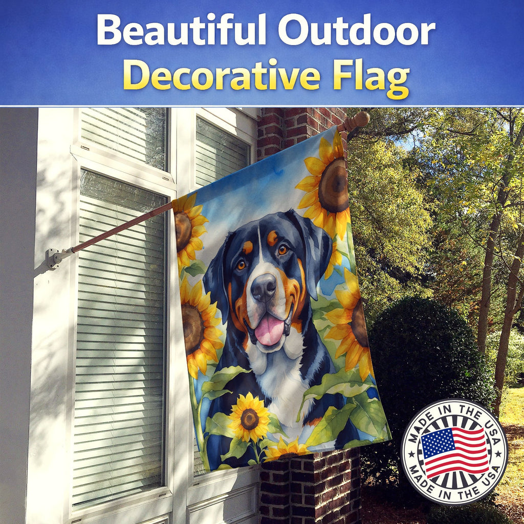 Greater Swiss Mountain Dog in Sunflowers House Flag 28x40 Porch Sleeve Pole Decorative Outside Yard Banner Artwork Wall Hanging, Polyester