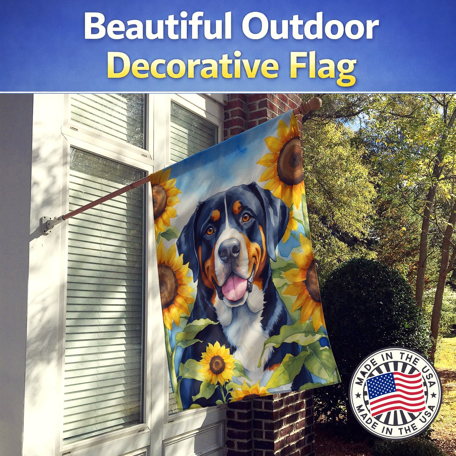 Greater Swiss Mountain Dog in Sunflowers House Flag 28x40 Porch Sleeve Pole Decorative Outside Yard Banner Artwork Wall Hanging, Polyester