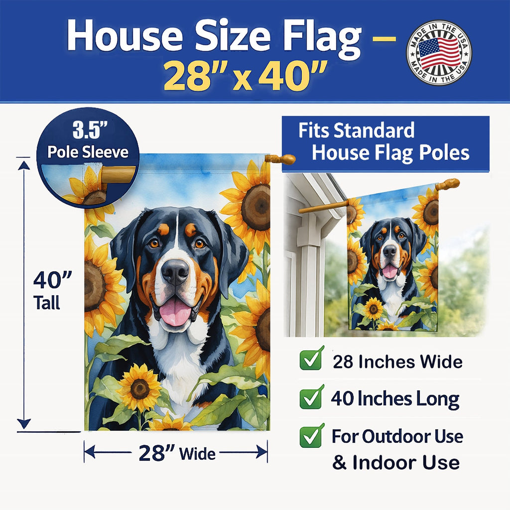 Greater Swiss Mountain Dog in Sunflowers House Flag 28x40 Porch Sleeve Pole Decorative Outside Yard Banner Artwork Wall Hanging, Polyester