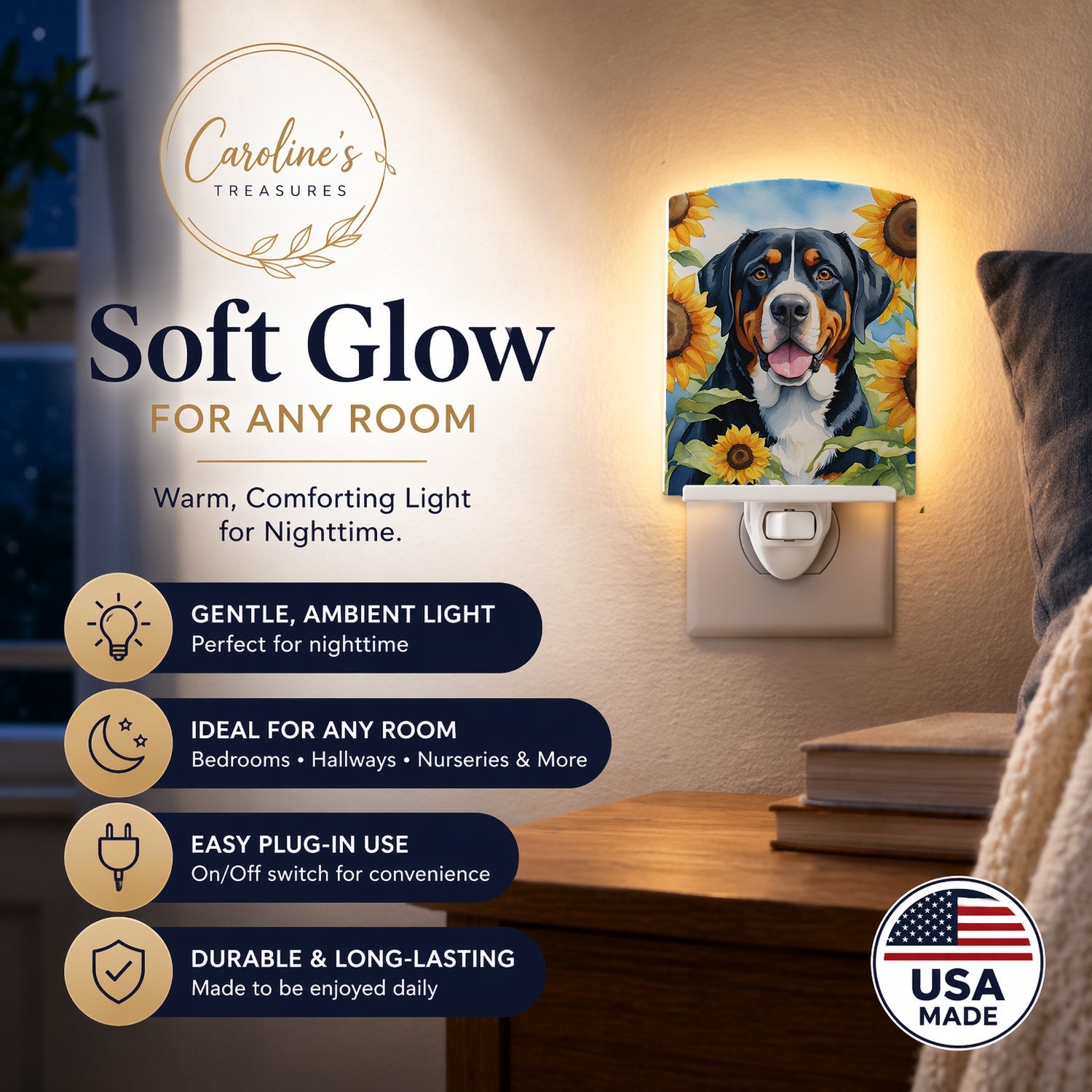 Greater Swiss Mountain Dog in Sunflowers Ceramic Night Light Compact, UL-Certified, Ideal for Bedroom, Bathroom, Nursery, Hallway, Kitchen, 6x4x3, Multicolor
