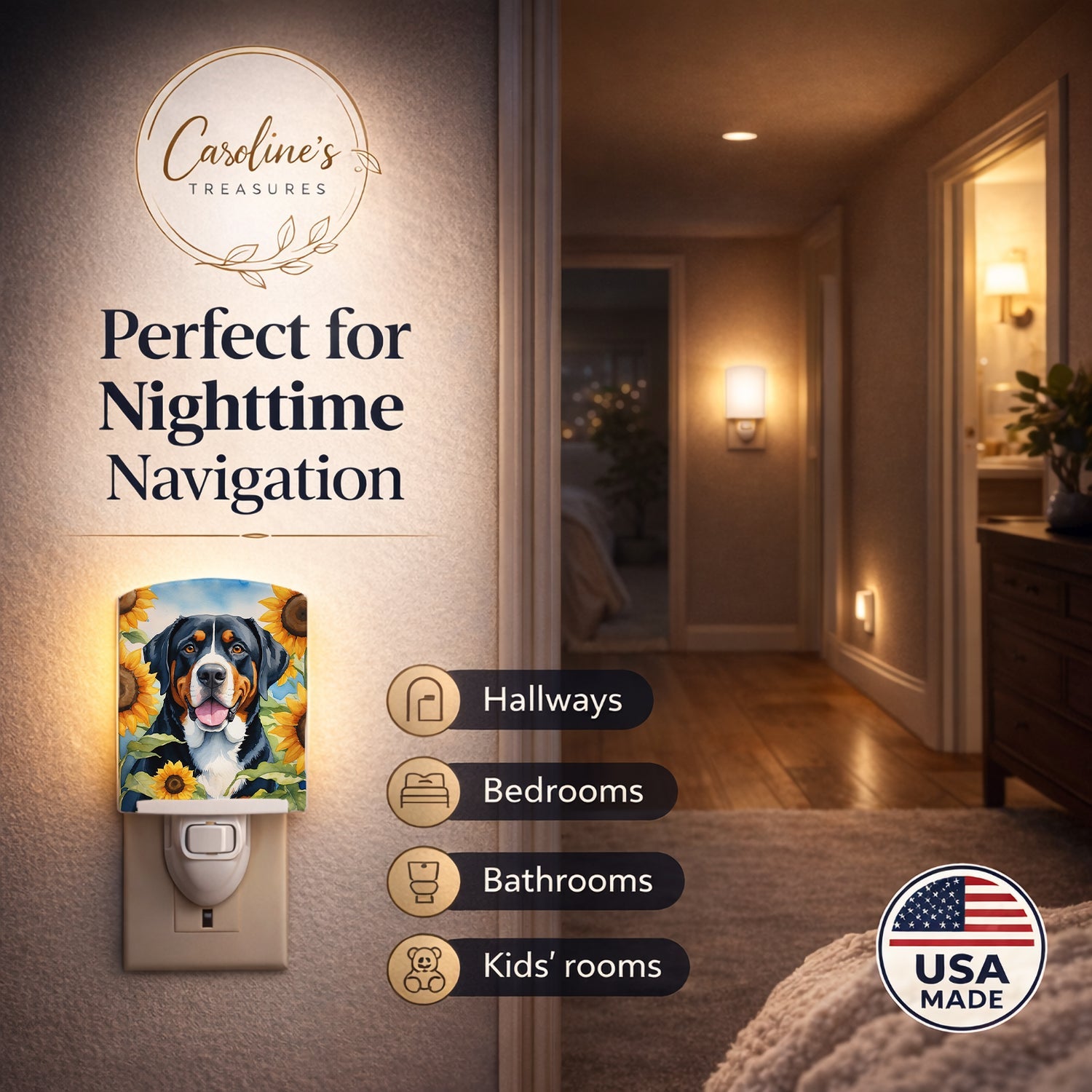 Greater Swiss Mountain Dog in Sunflowers Ceramic Night Light Compact, UL-Certified, Ideal for Bedroom, Bathroom, Nursery, Hallway, Kitchen, 6x4x3, Multicolor
