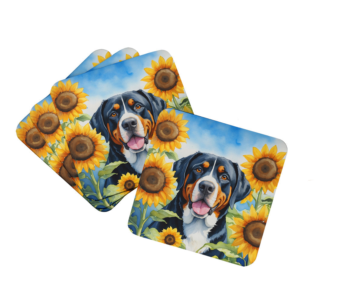 Greater Swiss Mountain Dog in Sunflowers Foam Coasters Set of 4 Cup Coasters for Indoor Outdoor, Tabletop Protection, Anti Slip, Mouse pad Material