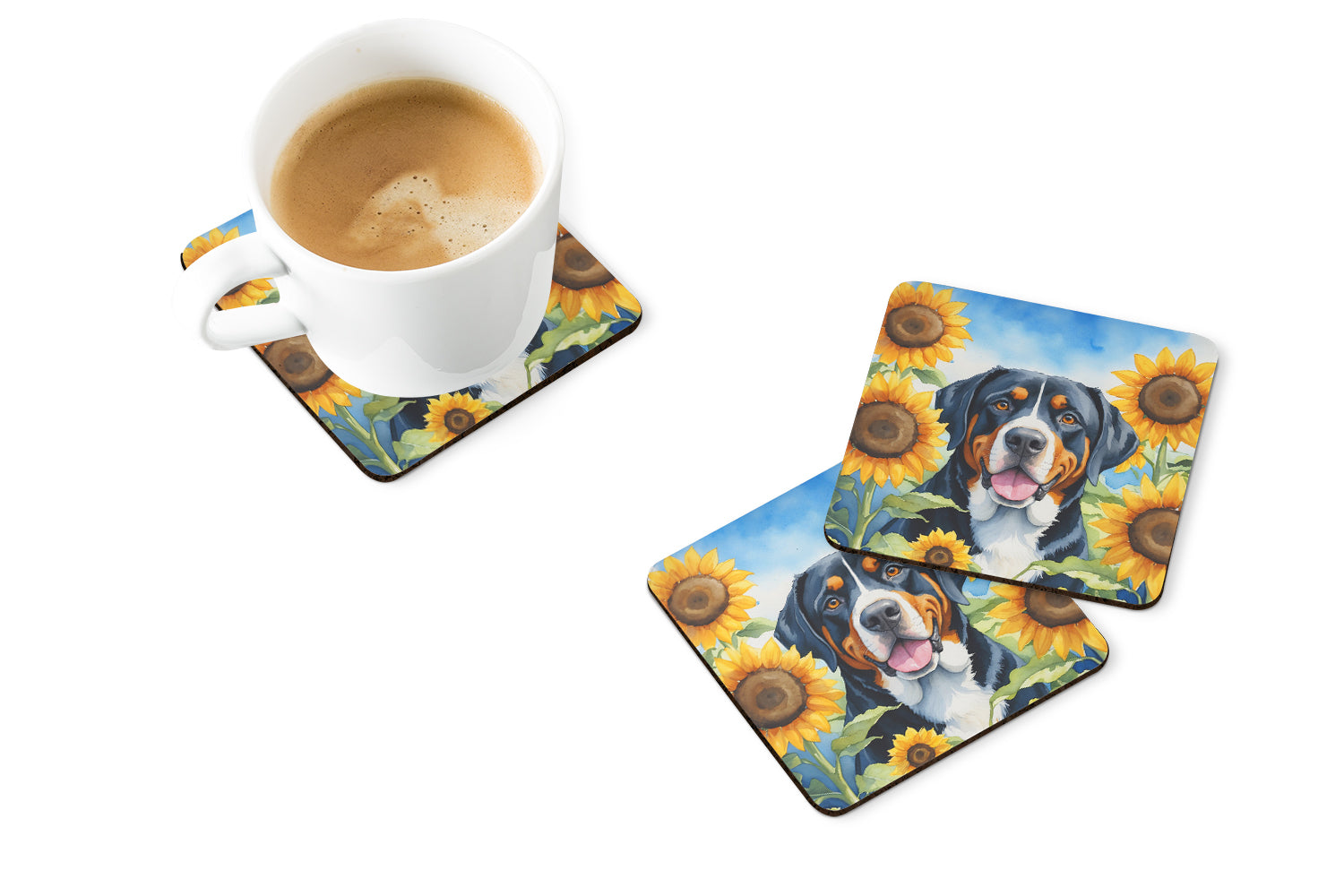 Greater Swiss Mountain Dog in Sunflowers Foam Coasters Set of 4 Cup Coasters for Indoor Outdoor, Tabletop Protection, Anti Slip, Mouse pad Material