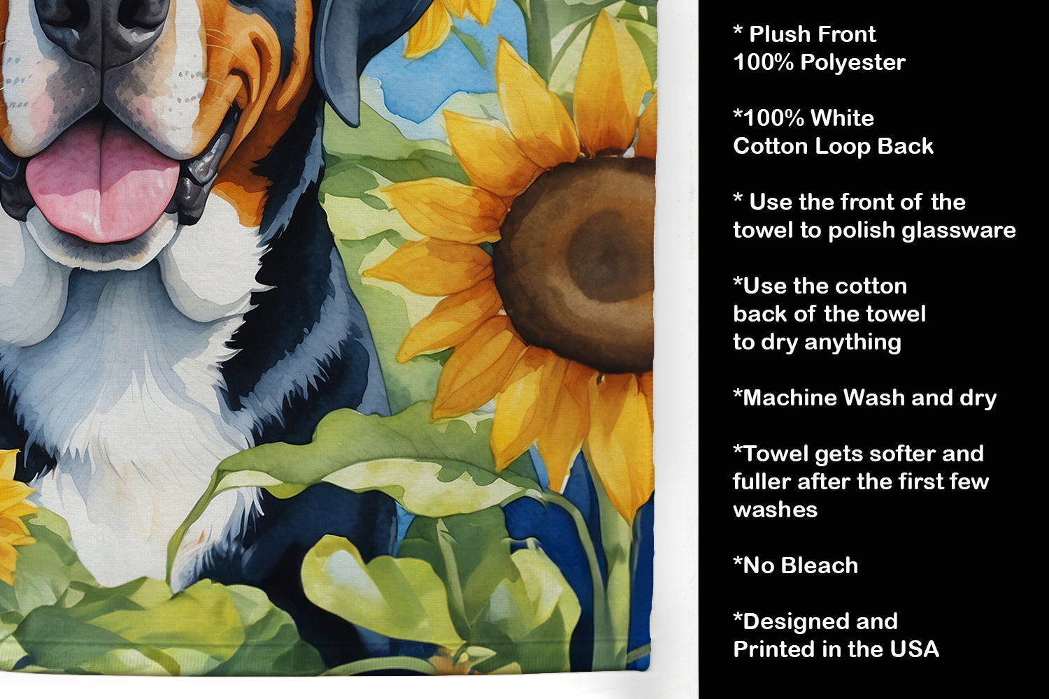 Greater Swiss Mountain Dog in Sunflowers Kitchen Towel Velour Plush Front and Cotton Loop Back Machine Washable
