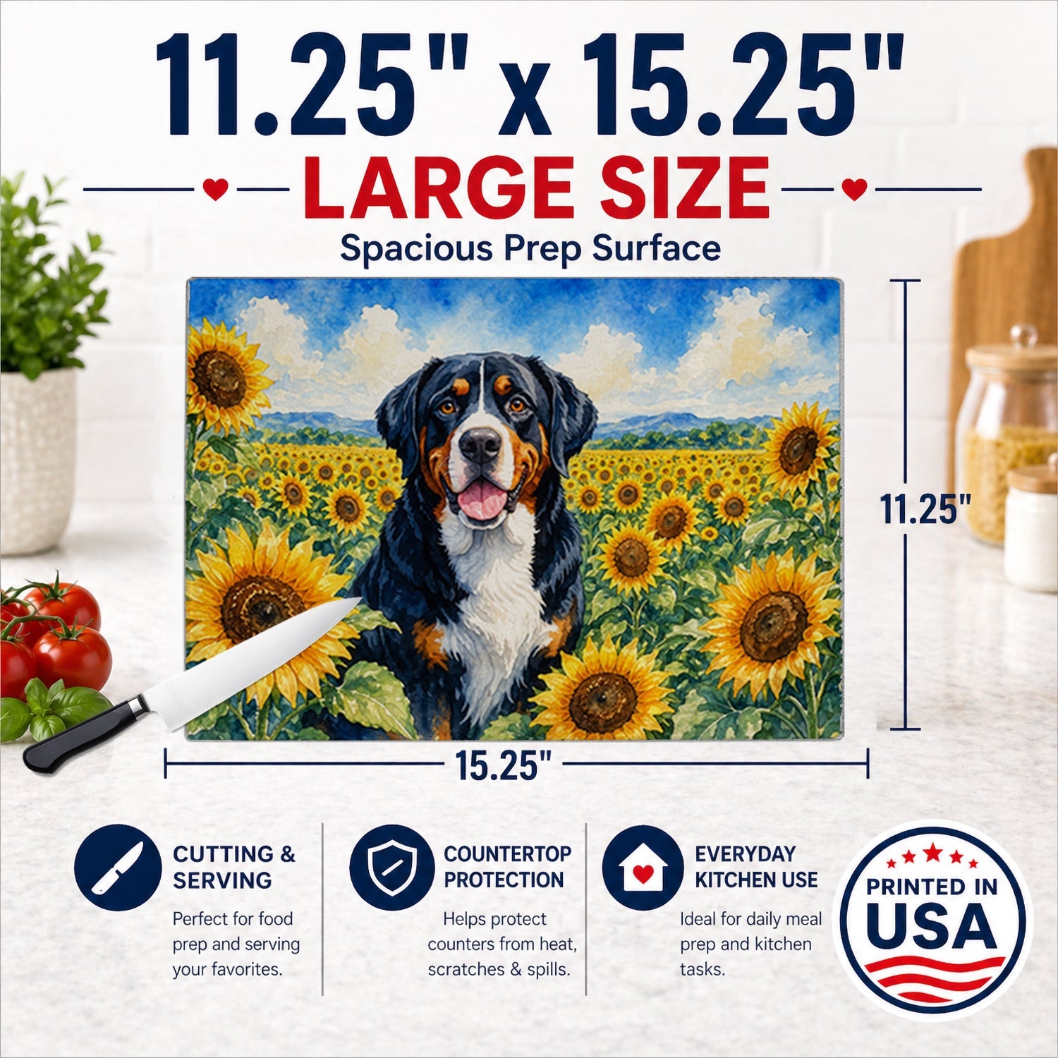 Greater Swiss Mountain Dog in Sunflowers Cutting Board Tempered Glass Kitchen Cutting Surface, Heat Resistant Chopping Board with Non-Slip Feet, Decorative Food Prep & Serving