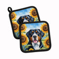 Greater Swiss Mountain Dog in Sunflowers Pot Holder Set of 2 Heat Resistant Quilted Hot Pads 7.5 x 7.5 Inch, Insulated Kitchen Trivets for Cooking & Baking