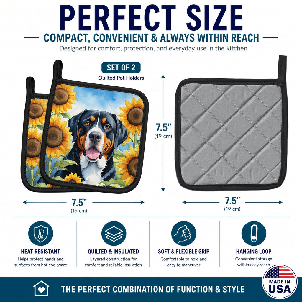 Greater Swiss Mountain Dog in Sunflowers Pot Holder Set of 2 Heat Resistant Quilted Hot Pads 7.5 x 7.5 Inch, Insulated Kitchen Trivets for Cooking & Baking