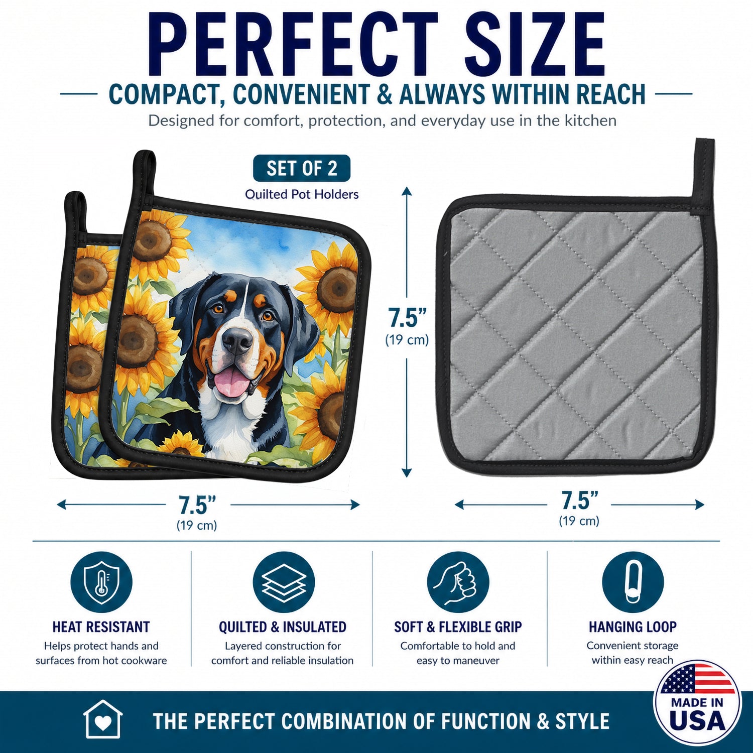 Greater Swiss Mountain Dog in Sunflowers Pot Holder Set of 2 Heat Resistant Quilted Hot Pads 7.5 x 7.5 Inch, Insulated Kitchen Trivets for Cooking & Baking