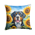 Greater Swiss Mountain Dog in Sunflowers Decorative Throw Pillow 14x14 Indoor Outdoor Accent Cushion, Fabric Cover with Insert for Sofa, Bed, Porch & Living Room