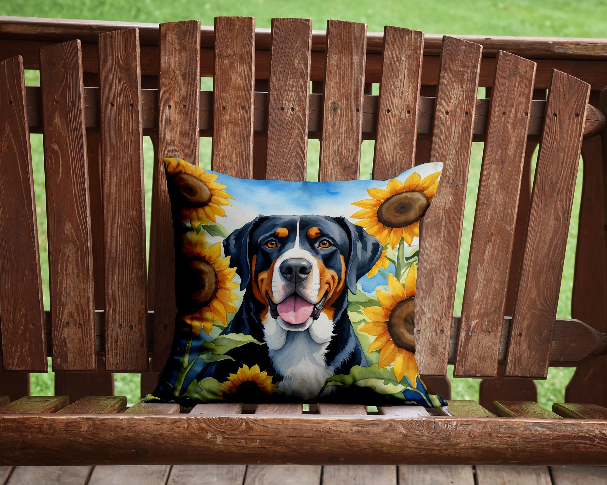 Greater Swiss Mountain Dog in Sunflowers Decorative Throw Pillow 14x14 Indoor Outdoor Accent Cushion, Fabric Cover with Insert for Sofa, Bed, Porch & Living Room