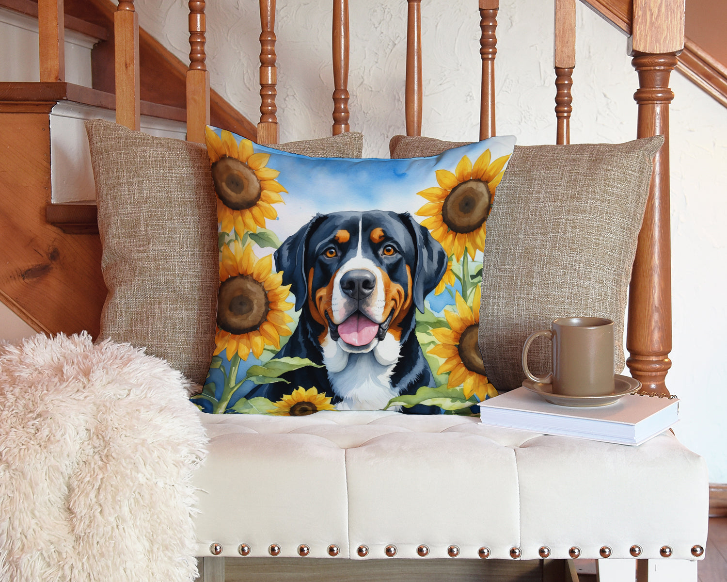 Greater Swiss Mountain Dog in Sunflowers Decorative Throw Pillow 14x14 Indoor Outdoor Accent Cushion, Fabric Cover with Insert for Sofa, Bed, Porch & Living Room